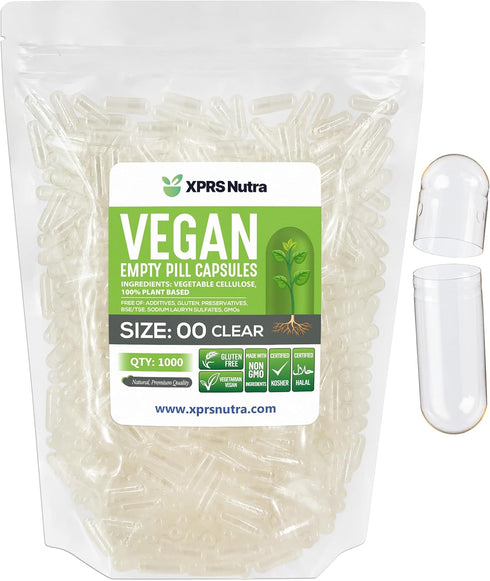 XPRS Nutra Size 00 Empty Capsules, 1000 Clear Count Vegan Capsules for DIY Vegetable Capsule Filling