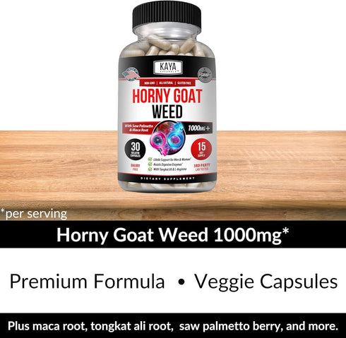 Kaya Naturals Horny Goat Weed for Men & Women, 1560mg Extra Strength with Maca, 30 Count Libido Enhancing Supplement