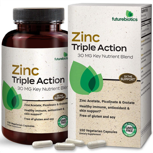Futurebiotics Zinc Supplement 30mg Triple Action Blend - 150 Vegetarian Capsules for Immune & Skin Health