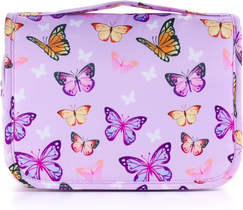 Kids Hanging Toiletry Bag for Girls, Waterproof Travel Makeup Bag for Little Young Girls, Butterfly Purple