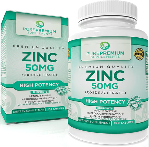 PurePremium Zinc 50mg - Immune Support Supplements for Men & Women, 100 Tablets, High Potency Natural Antioxidant