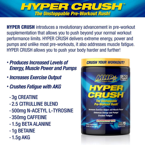 Maximum Human Performance Hyper Crush Pre Workout Powder | Increases Energy, Muscle Pumps, Strawberry Kiwi (30 Servings)