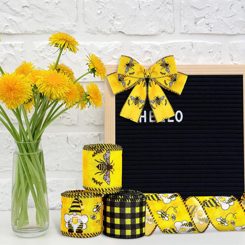 6 Rolls 20 Yards Bee Ribbon Dot Wired Edge Yellow Black Dots for DIY Gift Wrapping, Party Decor, Hair Bow