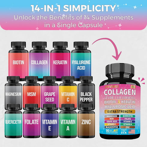 JTEVEweu 13+ 90 Collagen Supplement - Type I, II, III, V and X - with Biotin, Keratin, Hyaluronic Acid & Extra Strength