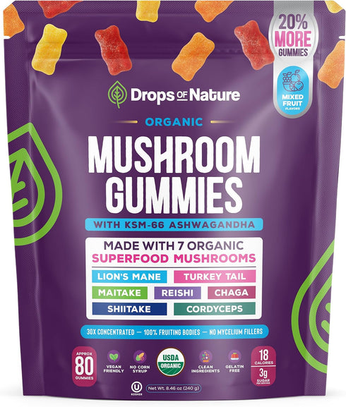 Drops Of Nature Lions Mane & Ashwagandha Gummies Turkey Tail, Maitake, Reishi,