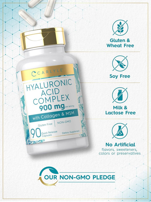 Carlyle Hyaluronic Acid 900mg with Collagen | 90 Capsules | Hydrolyzed Collagen Complex, MSM | Non-GMO, Gluten Free