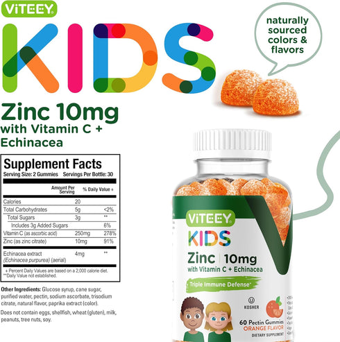 Zinc for Kids Gummies 10mg with Vitamin C & Echinacea - Vegan, Gelatin-Free Immune Support Gummy