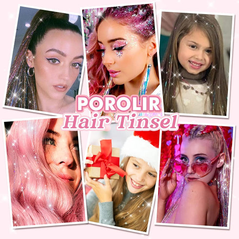 POROLIR Clip in Hair Tinsel Kit, 6Pcs 20 Inch Glitter Fairy Hair Extensions, Heat Resistant Sparkly Strands (Gold Pink)