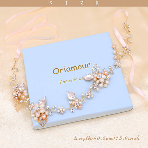 Oriamour Bridal Crystal Headband with Freshwater Pearls, Flower Design Wedding Hair Accessories (Gold)