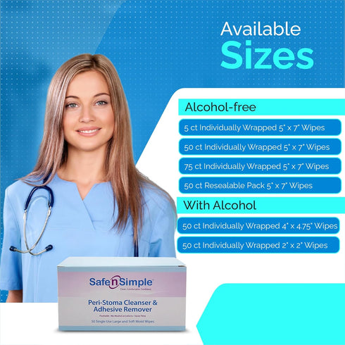 Safe n' Simple Adhesive Remover for Skin - 5"x7" 50 Wipes - Stoma Adhesive Remover Wipes - Alcohol Free for Sensitive