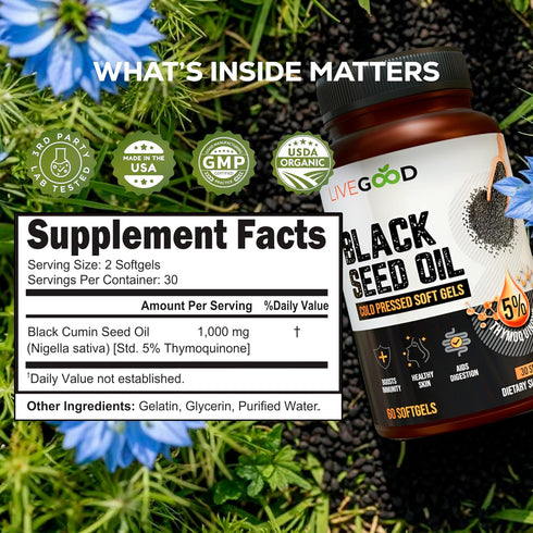 Immune (60 Count) LIVEGOOD Black Seed Capsules, Cold Pressed Black Cumin Seed Supplement for and Hormone Support