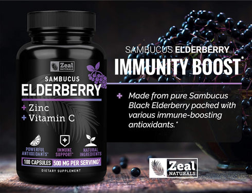 Zeal Naturals Max Strength Elderberry Capsules + Zinc + Vitamin C, 500mg for Immune System Support, 100 Count