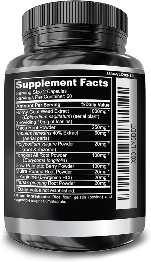 Super Strength Horny Goat Weed 1590 mg, 120 Capsules with Maca, Arginine & Ginseng, Joint Health