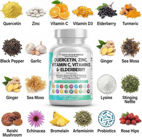 Immune 60 Q Defend Quercetin Supplement with Zinc Vitamin C Vitamin D Elderberry Turmeric Black Pepper Garlic Ginger