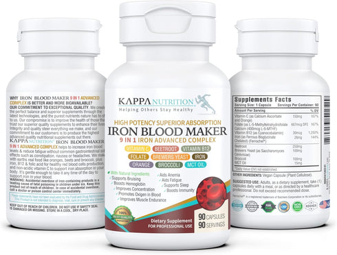 (90 Capsules), Iron 26mg, Vitamin C & Orange 150mg, Folate 667mcg DFE, Vitamin B12, Beetroot, Brewers Yeast, Broccoli & MCT Oil 9 in 1 Advanced Complex from Kappa Nutrition.