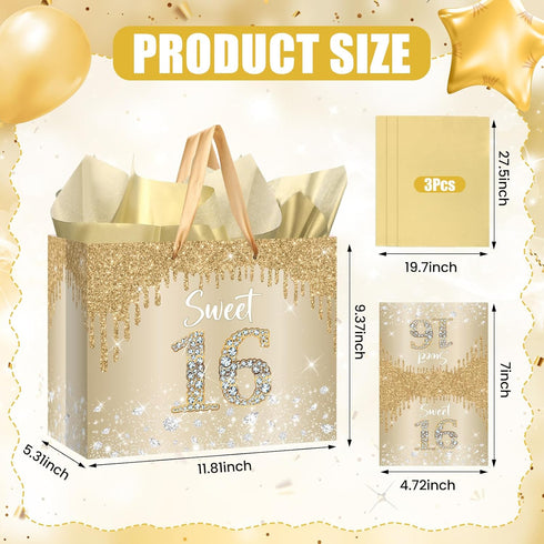 Yoirrat 16 16th Sweet Gift Bag with Wrapping Tissue Paper & Card Large Champagne Gold Glitter Birthday Gift Bags