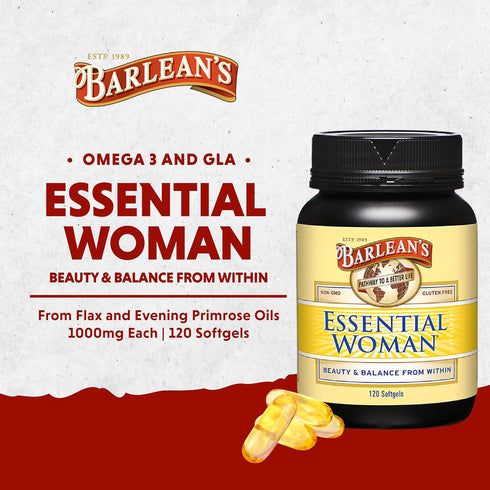 Barlean's Essential Woman Capsules - 120 Count - Hormonal Balance Supplement for Women with Flaxseed, Evening Primrose