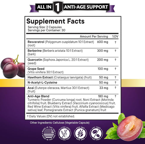 NEW AGE Resveratrol 6000mg Berberine 3000mg Grape Seed Extract 3000mg Quercetin 4000mg - Polyphenol Supplement for Women and Men with Noni Extract, N-Acetyl Cysteine, Acai Extract - 60 Capsules