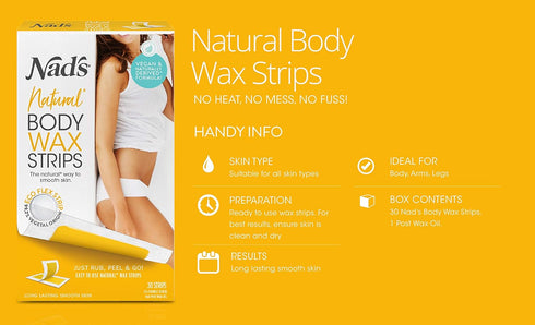 Nad's Body Wax Strips, Natural for All Skin Types, At Home Waxing Kit with 30 Strips & Post Wax Oil