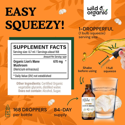 Organic Lions Mane Liquid Extract - Lion’s Mane Mushroom Supplement - Vegan, Alcohol Free Drops - 4 fl oz