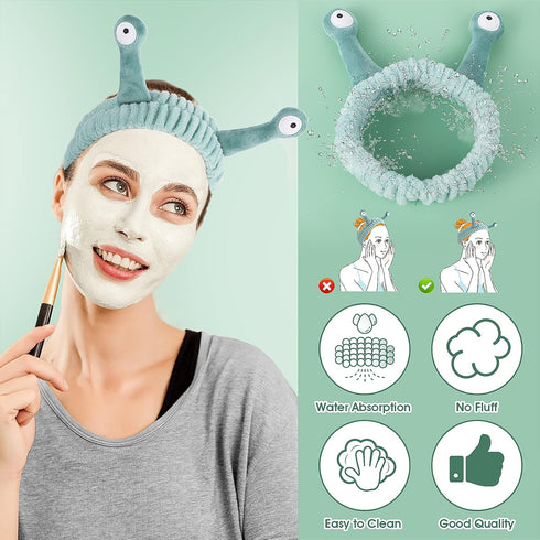 Spa Headband Facial Makeup Head Band Microfiber Soft Coral Fleece Head Wraps Snail Cartoon Cute Christmas Hair Accessories Elastic Skincare Hair Band for Women Girls Washing Face Beauty