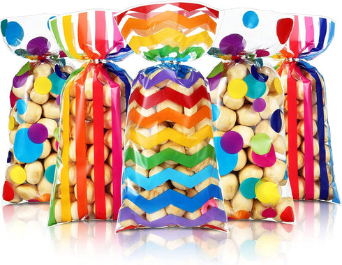 105 Pcs Rainbow Cellophane Treat Bags, Bulk Plastic Polka Dot Stripes Goodie Candy Favor Bags for Parties
