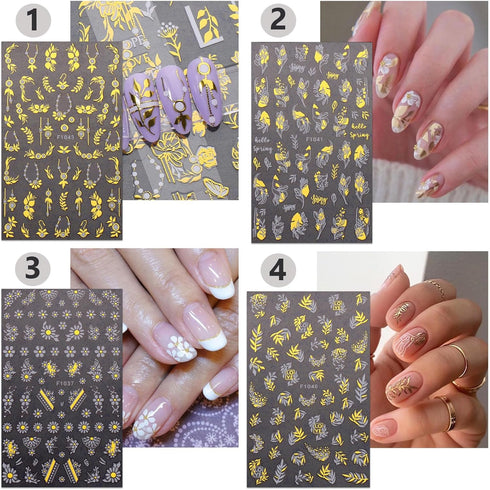 8 Sheets Gold Nail Stickers, Flower Nail Decals, 3D Self-Adhesive Leaf Nail Art Supplies for Women