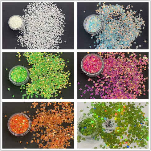 PrettyG 5 Boxes Set Luminous Star Nail Art Glitter, Glow in The Dark 3D Holographic Sparky Star Shape Stickers for DIY