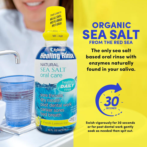 H2Ocean Healing Rinse Mouthwash 2 Pack - Lemon Ice 16oz - Alcohol & Fluoride Free - Great Tasting Sea Salt & Xylitol