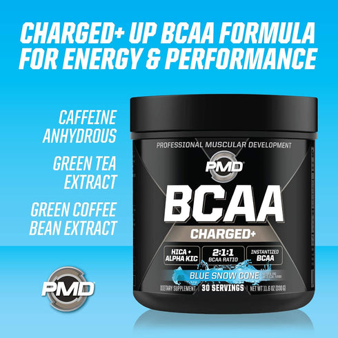 PMD Sports BCAA Charged Amino Acid Drink Mix for Performance, Recovery, Endurance - Blue Snow Cone