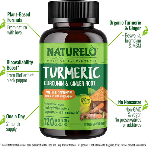 NATURELO Turmeric Curcumin with BioPerine for Better Absorption - Plant-Based Joint Discomfort Support - 120 Vegan