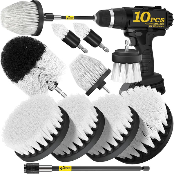 Holikme 10 Pieces Drill Brush Attachments Set: Power Scrubber Brush with Long Attachment for Bathroom, Kitchen Cleaning