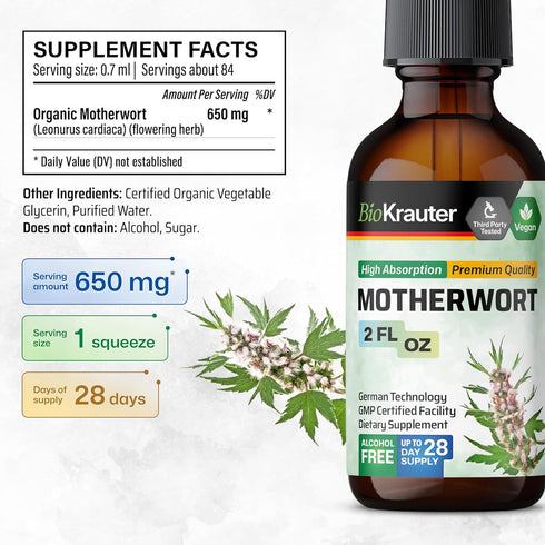 MAUWE HERBS Motherwort Tincture - Organic Herbal Extract for Women’s Health, Promote Calm, Vegan Drops 2 Fl.Oz.