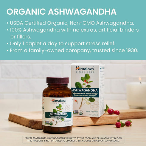 Himalaya Organic Ashwagandha, 60 Day Supply, 670 mg, Herbal Supplement for Stress Relief, Vegan