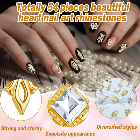 Maitys 54 Pieces Gold Nail Charms, Rhinestones Heart Nail Charms, Alloy 3D Dangle Nail Jewelry for Christmas Nail DIY