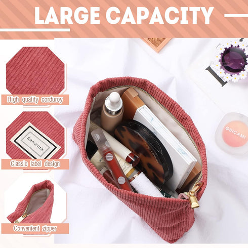 Sanwuta 4 Pack Velvet Makeup Bag, Large Capacity Corduroy Cosmetic Pouch Zipper Canvas Travel Toiletry Bag for Girls