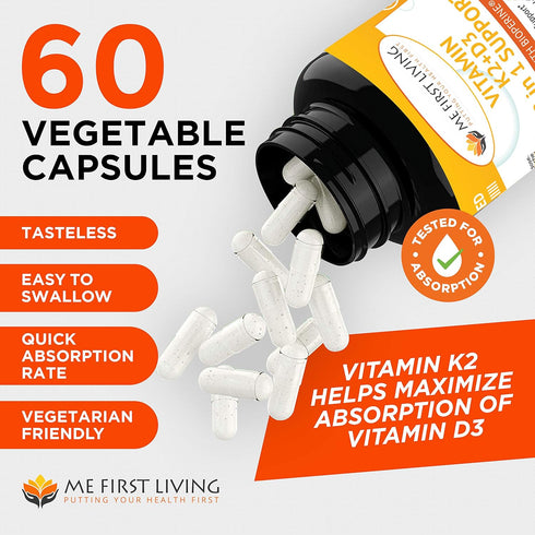 Me First Living Vitamin K2 (MK7) with D3 Supplement - 125 MCG Vitamin D3 & 100 MCG Vitamin K2 MK-7 for Bone & Heart