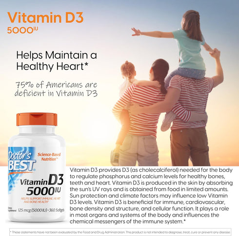 Doctor's Best Vitamin D3, 5,000 IU, 360 Count, Non-GMO, Gluten-Free, for Healthy Bones, Teeth, Heart & Immune Support