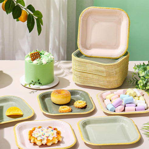 Tiangrid 120 7 Inch 6 Pcs Sage Green Paper Plates Gradient Disposable Square Dessert Party Plates with Gold Edge