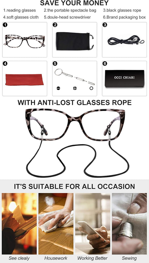 OCCI CHIARI 3.0 Reading Glasses Women, Large Reader 300 (1.0 to 6.0)