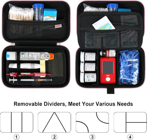 BOVKE Glucose Monitor Case, Diabetic Supply Case for Diabetes Testing Kit, Diabetic Supplies Travel Case for Glucose Meter, Blood Sugar Test Strips, Lancets, Needles, Insulin Pens, Rosegold