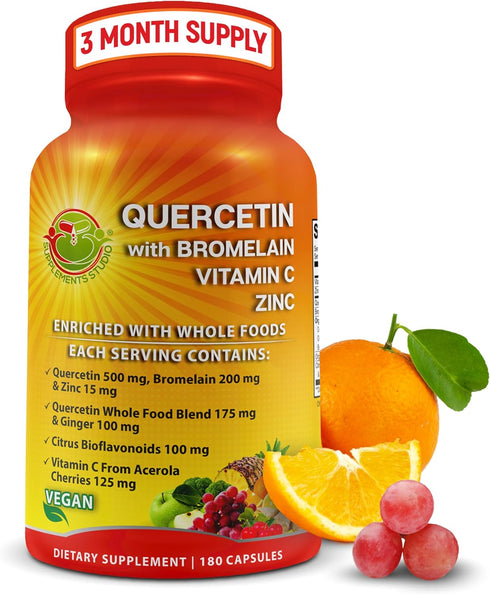 Quercetin with Bromelain, Vitamin C and Zinc, Organic Whole Food Quercetin Blend - 180 Count Capsules