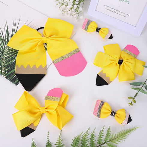 Whaline 5Pcs Back to School Yellow Pencil Hair Bow Clips, Jumbo Ribbon Grosgrain Hairgrips for Girls