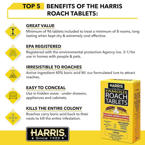 Harris Roach Tablets, Boric Acid Roach Killer with Lure, 4oz, 96 Tablets