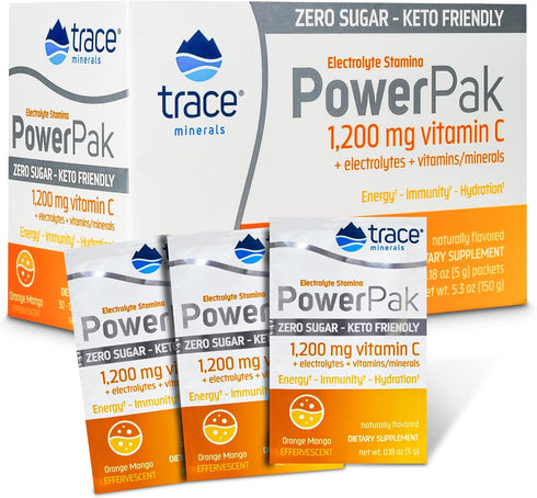 Trace Minerals Power Pak Sugar Free Electrolyte Powder, 30 Packets, Orange Mango, 1200 mg Vitamin C, Zinc, Magnesium