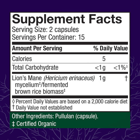 Host Defense Mushrooms Lion's Mane - Brain Health Support Supplement - Mushroom Supplement to Support Focus & Memory Function - Immune & Nervous System Support Supplement - 30 Capsules (15 Servings)*