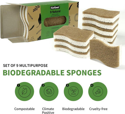 9 Pack Biodegradable Natural Kitchen Sponge - Compostable Cellulose and Coconut Walnut Scrubber Sponge - Eco Friendly Sustainable Sponges for Dishes by KICKLEEN