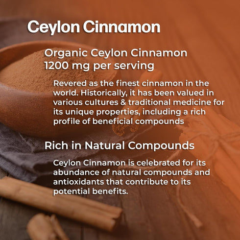 Ceylon Cinnamon Supplement - Certified Organic, Non-GMO, Gluten Free, Supports Healthy Metabolism, 60 Vegan Capsules