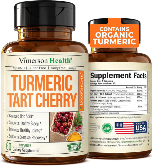 Turmeric Curcumin & Tart Cherry Extract Capsules, 600mg - Joint Health & Sleep Support with Black Pepper