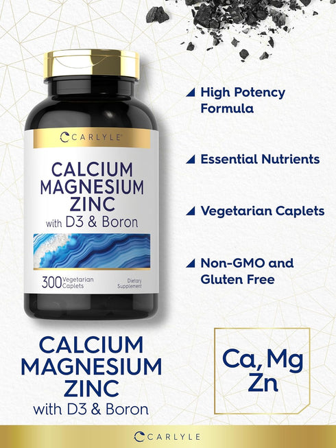 Carlyle Calcium Magnesium Zinc with Vitamin D3 and Boron, 300 Caplets - Vegetarian, Non-GMO Supplement